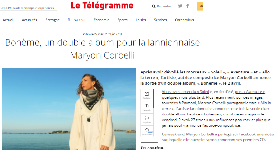 Journal Le Telegramme - Maryon Corbelli - Album Bohème