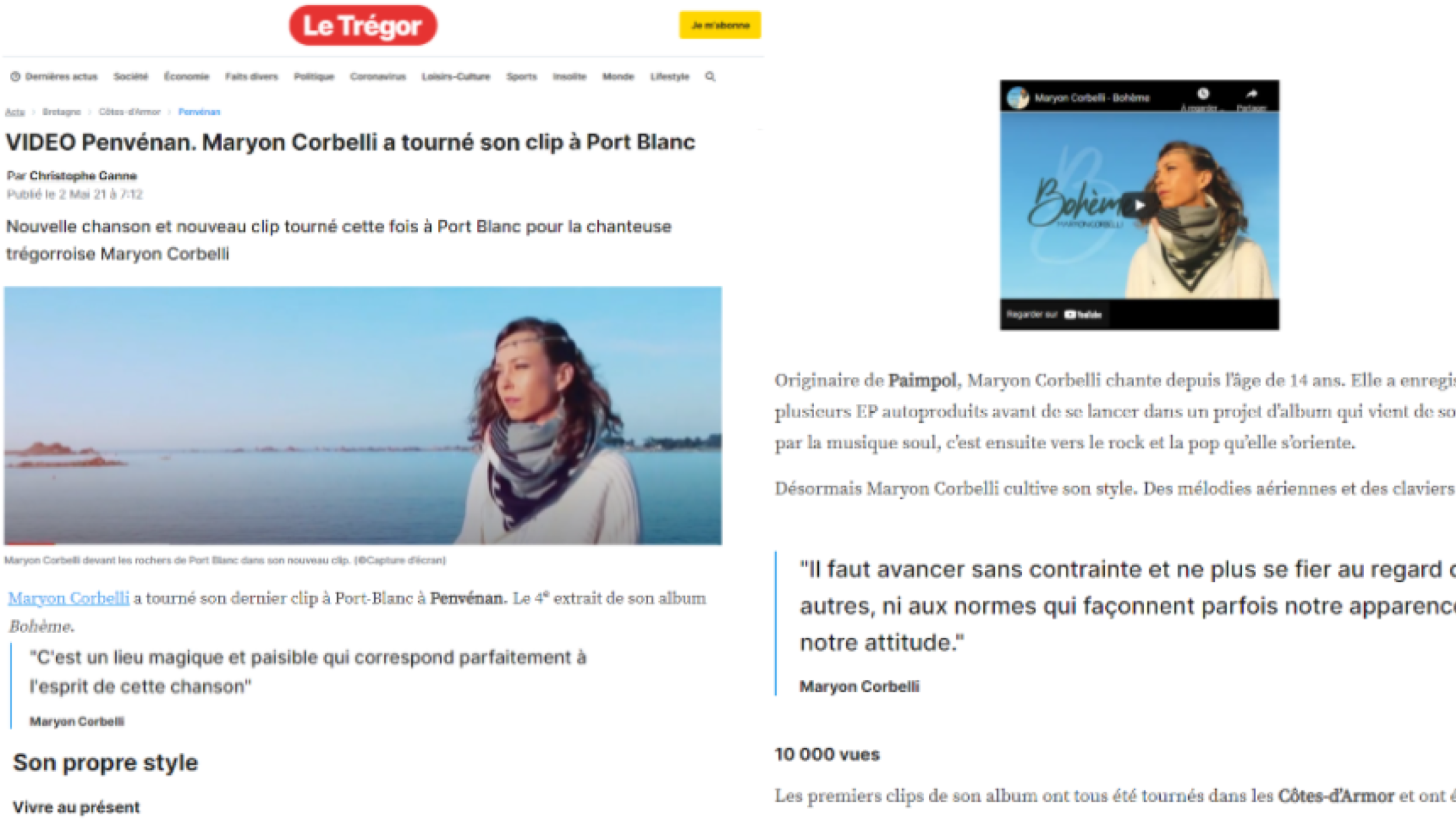 Maryon Corbelli - Album Bohème - Article Journal Le Trégor